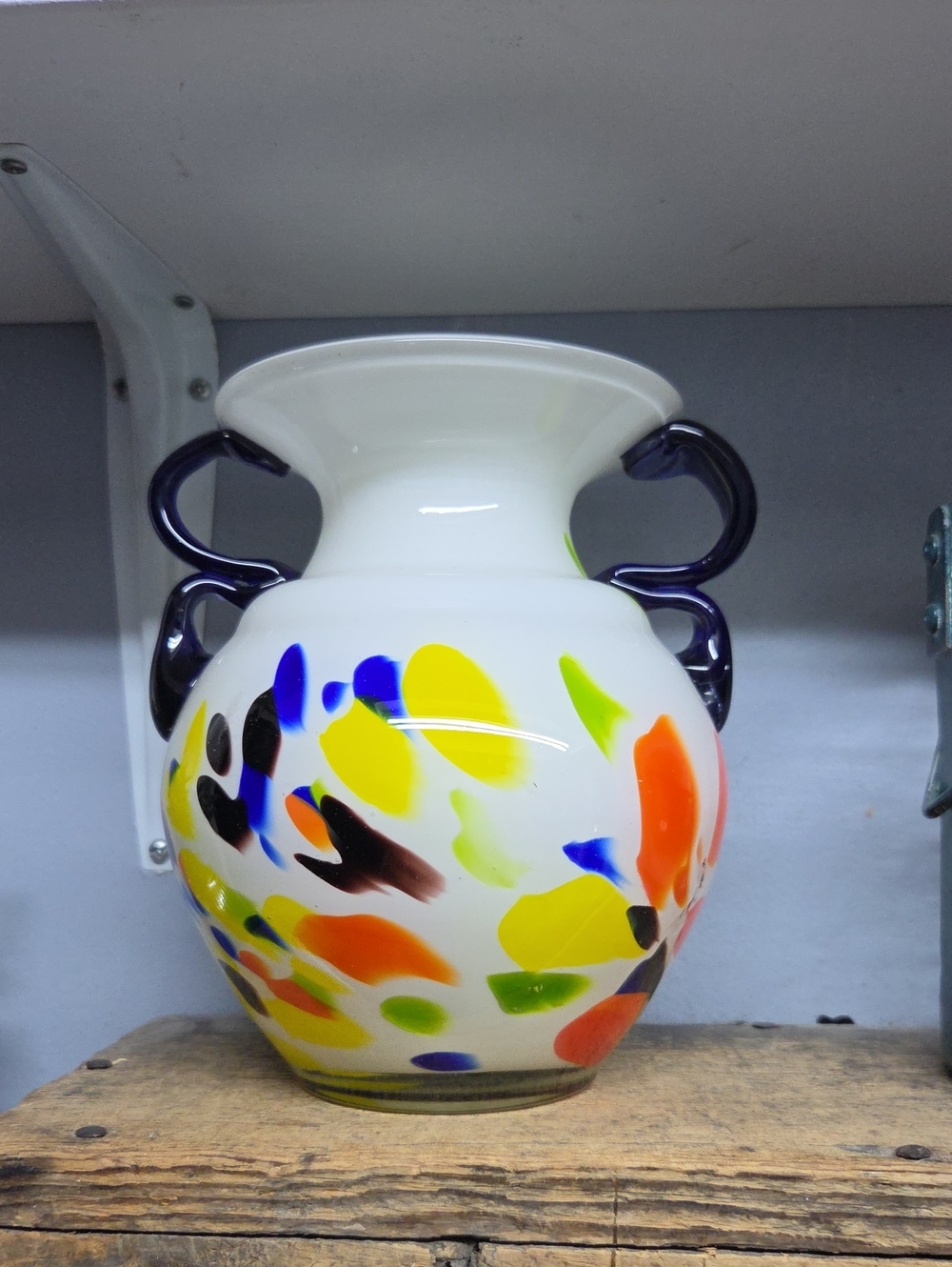 Vintage Handblown White Art Glass Vase with Colorful Splashes